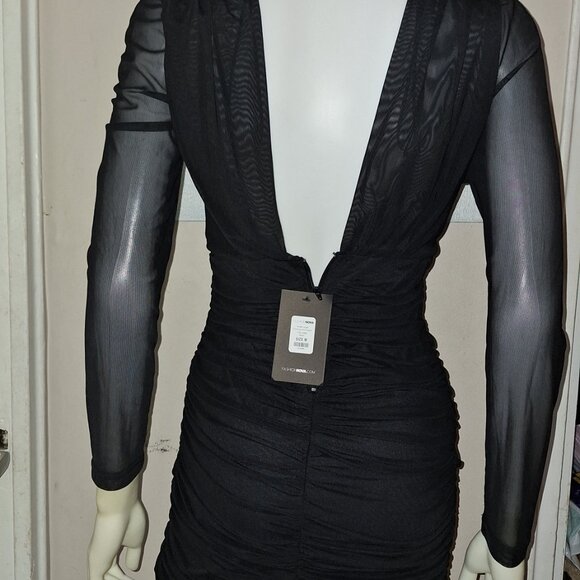 Mesh Long Sleeve Deep V Mini Dress - Picture 3 of 6